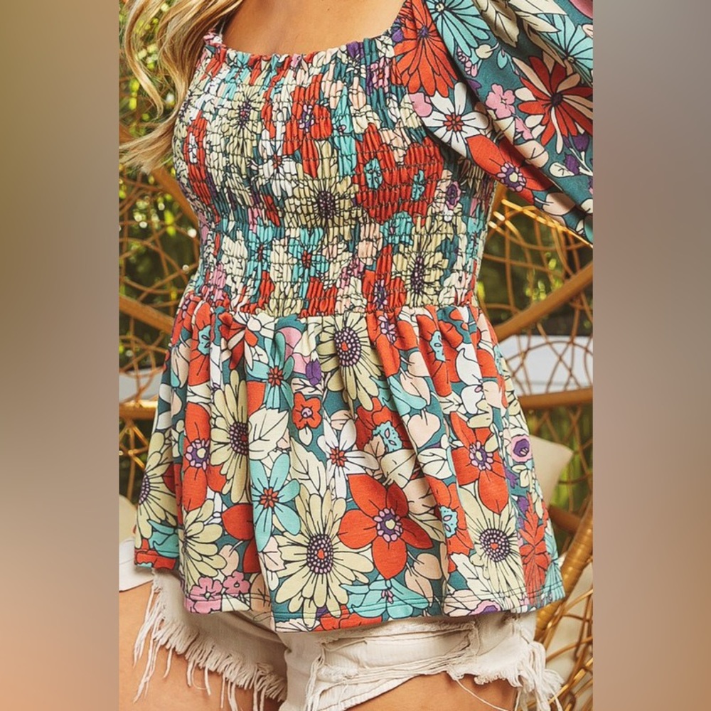 BiBi Floral Smocked Peasant Blouse in Red, Green, Cream - Picture 3 of 4